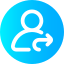 A white outline icon showing a person's profile with an arrow pointing right, inside a blue gradient circle, typically used as a "refer" or "invite" button.