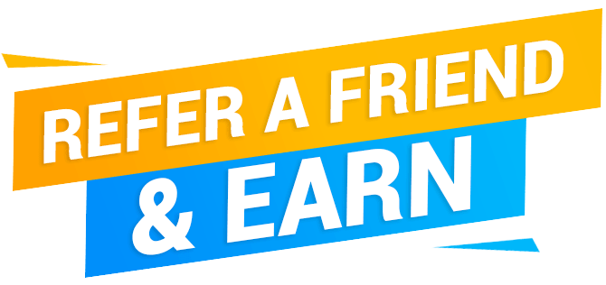 A vibrant orange and blue banner graphic with the white text "REFER A FRIEND & EARN" promoting a referral program.