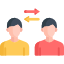 An illustration showing two people icons, one yellow and one red, with arrows pointing between them, representing a "refer a friend" or user exchange concept.
