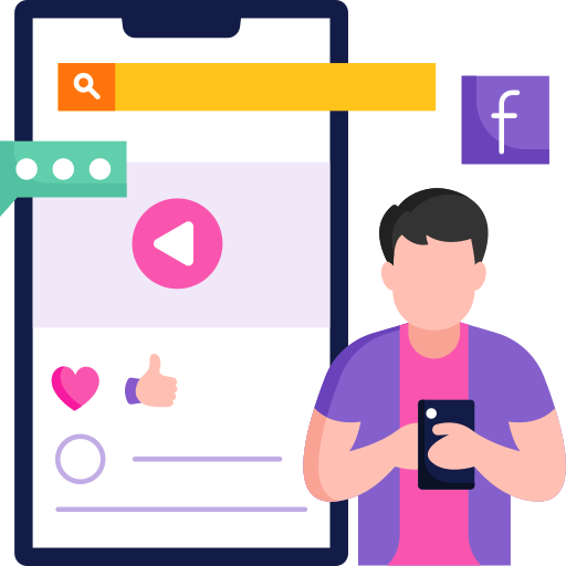 An illustration of a man holding a smartphone with social media elements on the screen, representing social media marketing and online engagement.