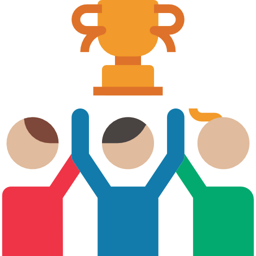 An illustration of three people raising a large gold trophy cup together, symbolizing team victory and successful collaboration.