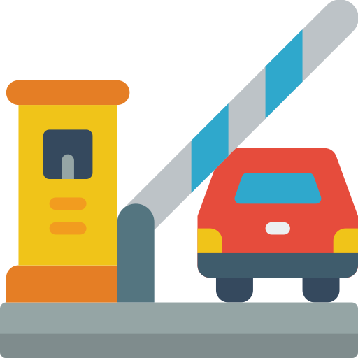 A flat-style illustration of a red car stopped at a yellow toll booth with a blue and white striped barrier.