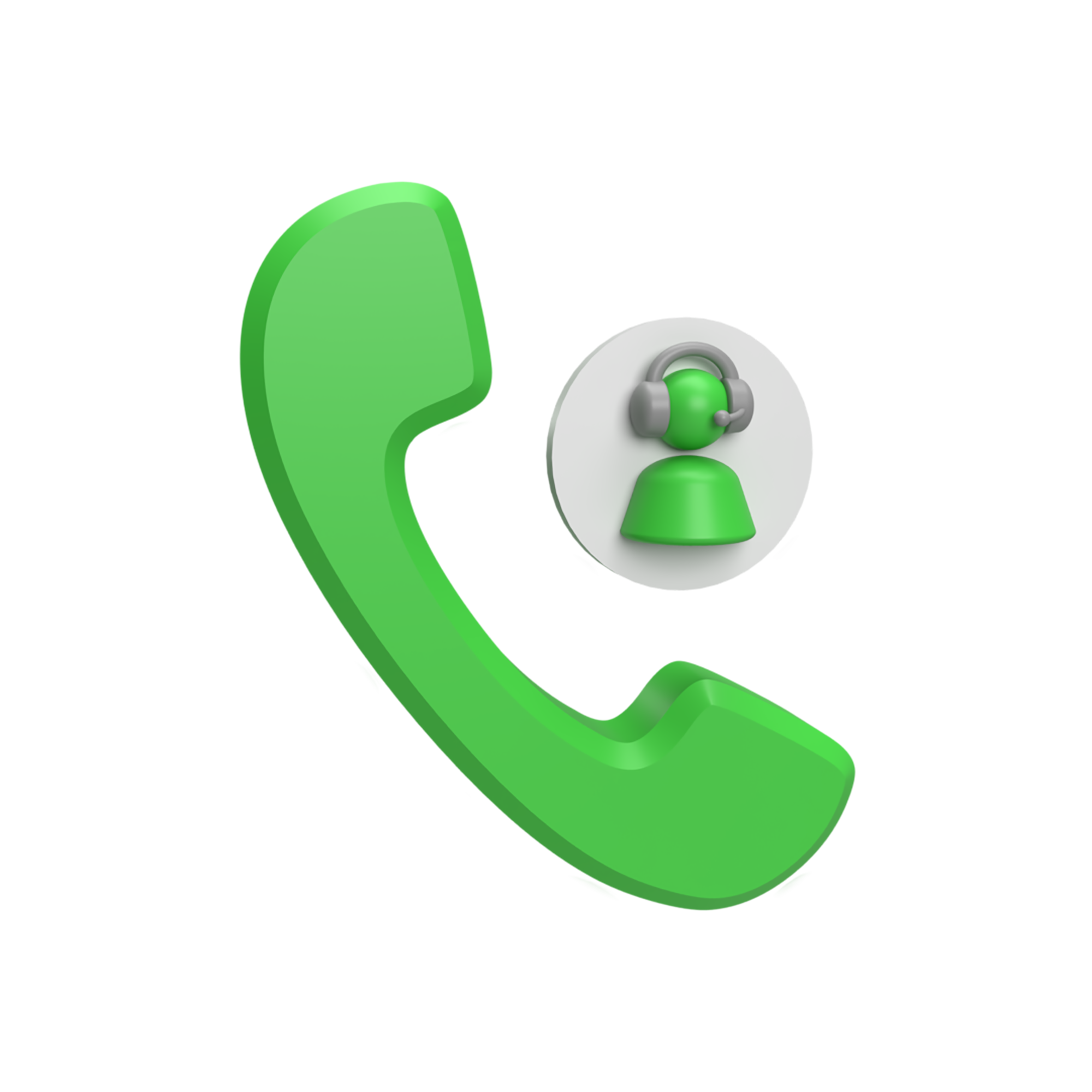 A 3D illustration of a green phone receiver and a user profile icon with a headset, representing customer support or a call center.