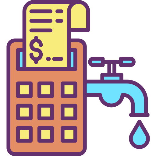 A flat-style illustration of a calculator with a receipt and a water faucet, representing a water utility bill payment