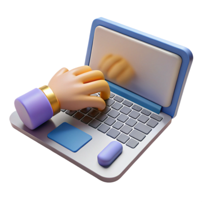 A 3D illustration of a hand with a purple cuff typing on a laptop keyboard with a blue mouse