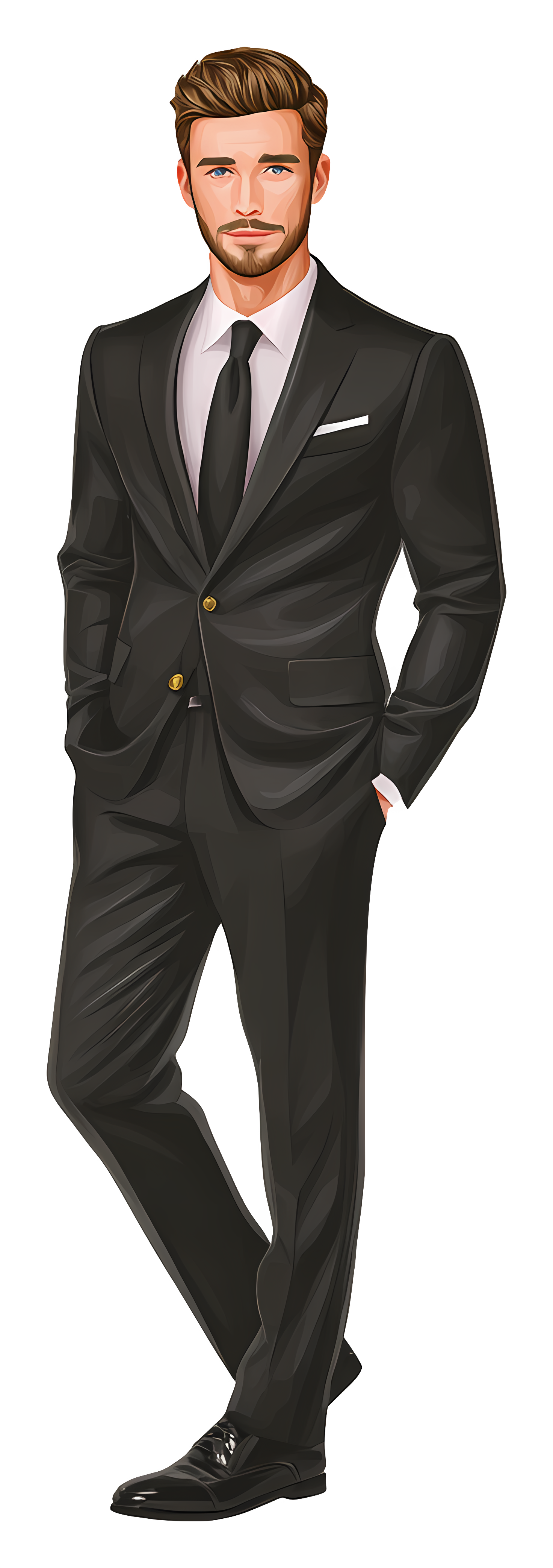 Confident cartoon businessman in a black suit standing with hands in pockets