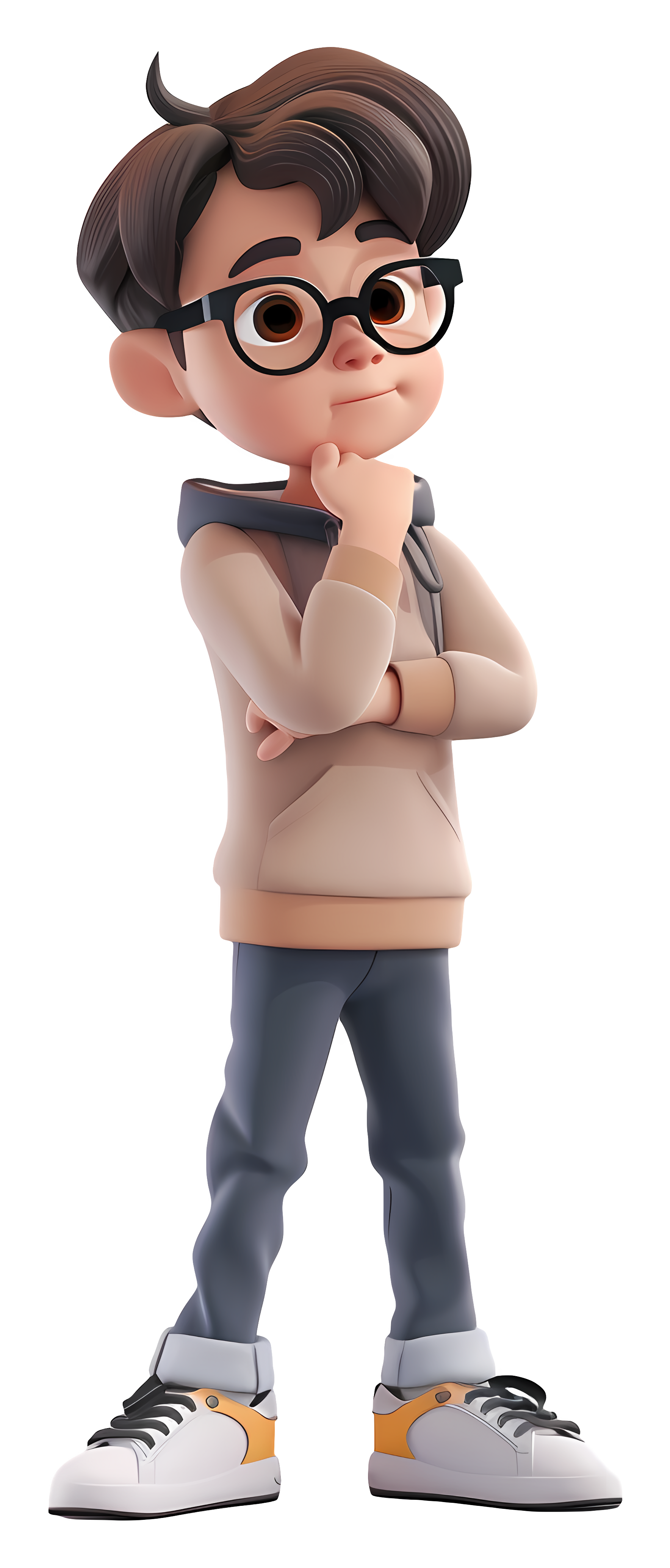 Thinking cartoon student wearing black glasses, a beige hoodie, and grey pants