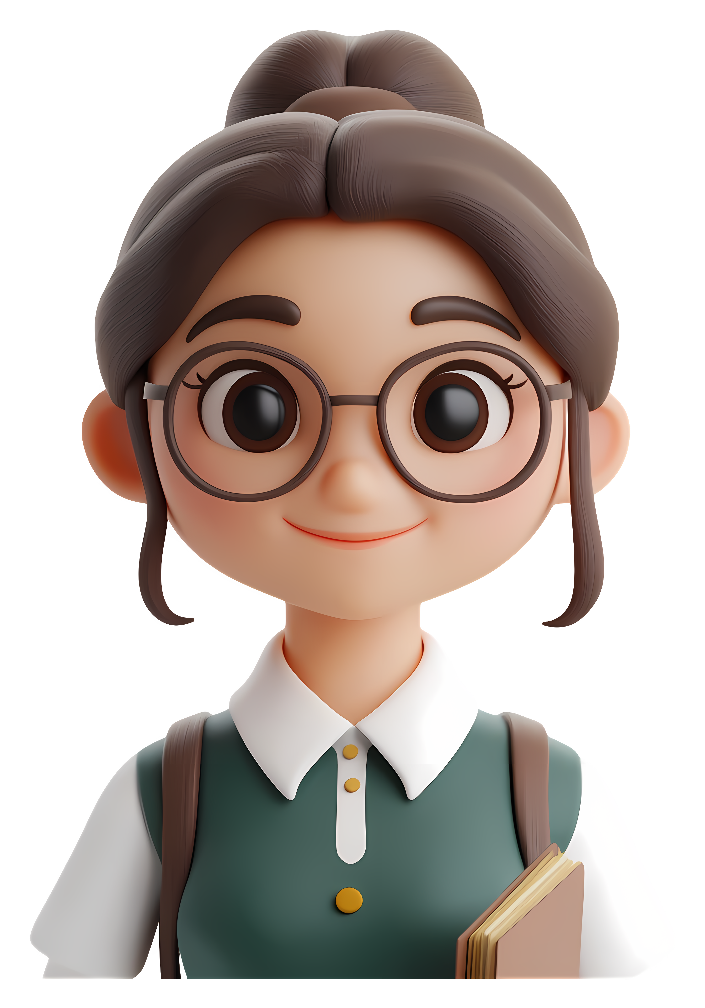 Cute 3D female student avatar with a hair bun, round glasses, green vest, and a book