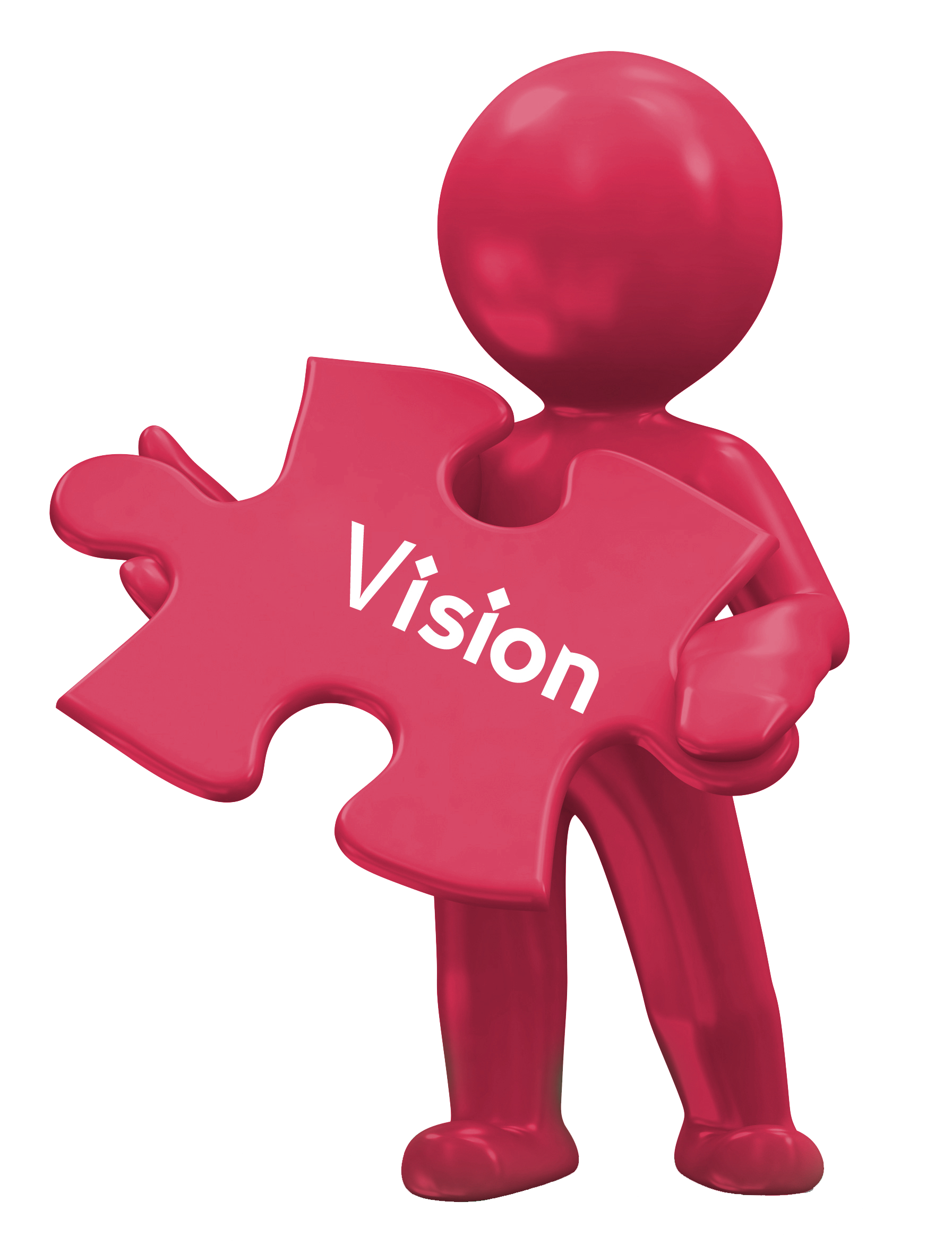 A red 3D character holding a pink jigsaw puzzle piece with the word "Vision" on it, representing a business solution or goal.