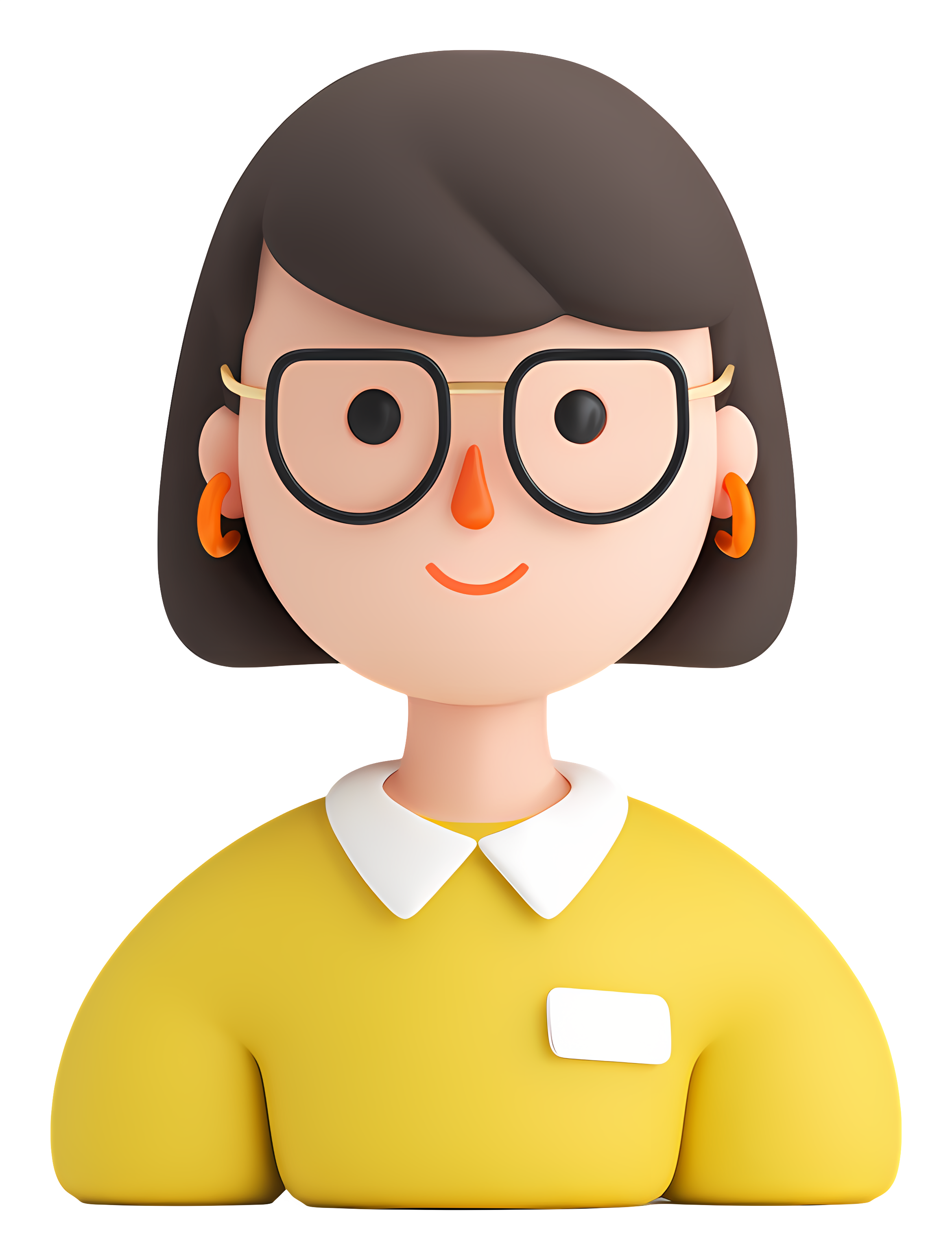 e 3D female employee avatar with glasses, orange earrings, and a yellow polo shirt
