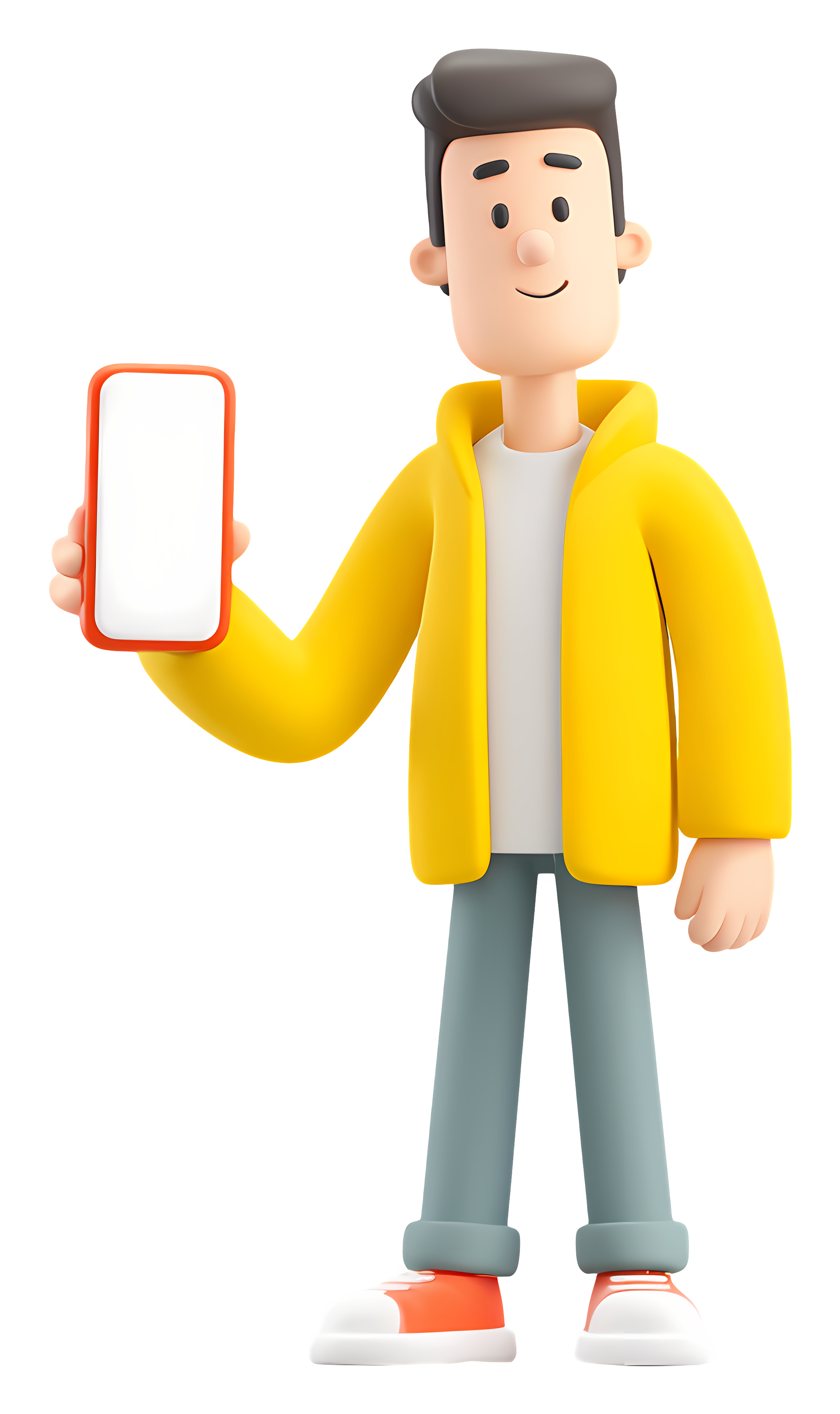 A 3D cartoon character wearing a yellow jacket holding up a smartphone with a blank screen
