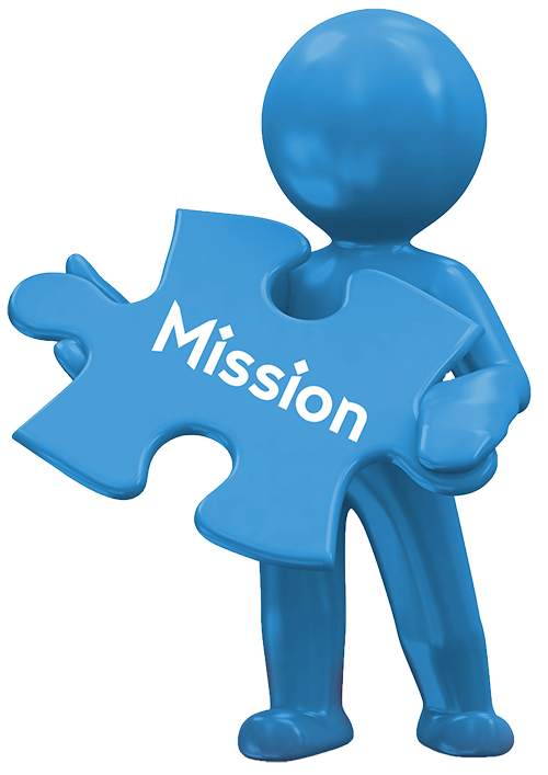 A blue 3D character holding a light blue jigsaw puzzle piece with the word "Mission" on it, representing a business purpose or goal.