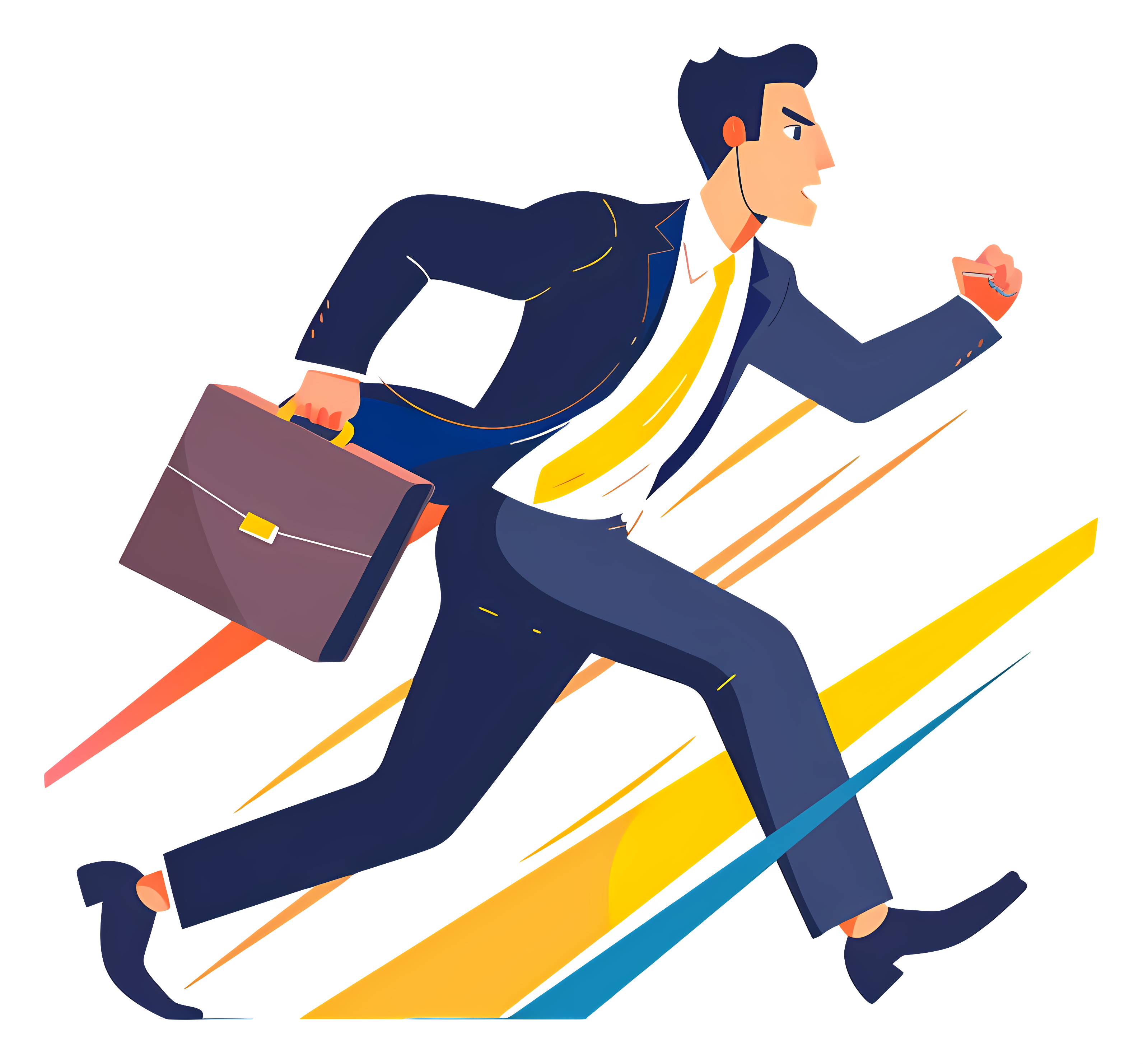 Energetic cartoon businessman in a dark suit running fast while holding a briefcase