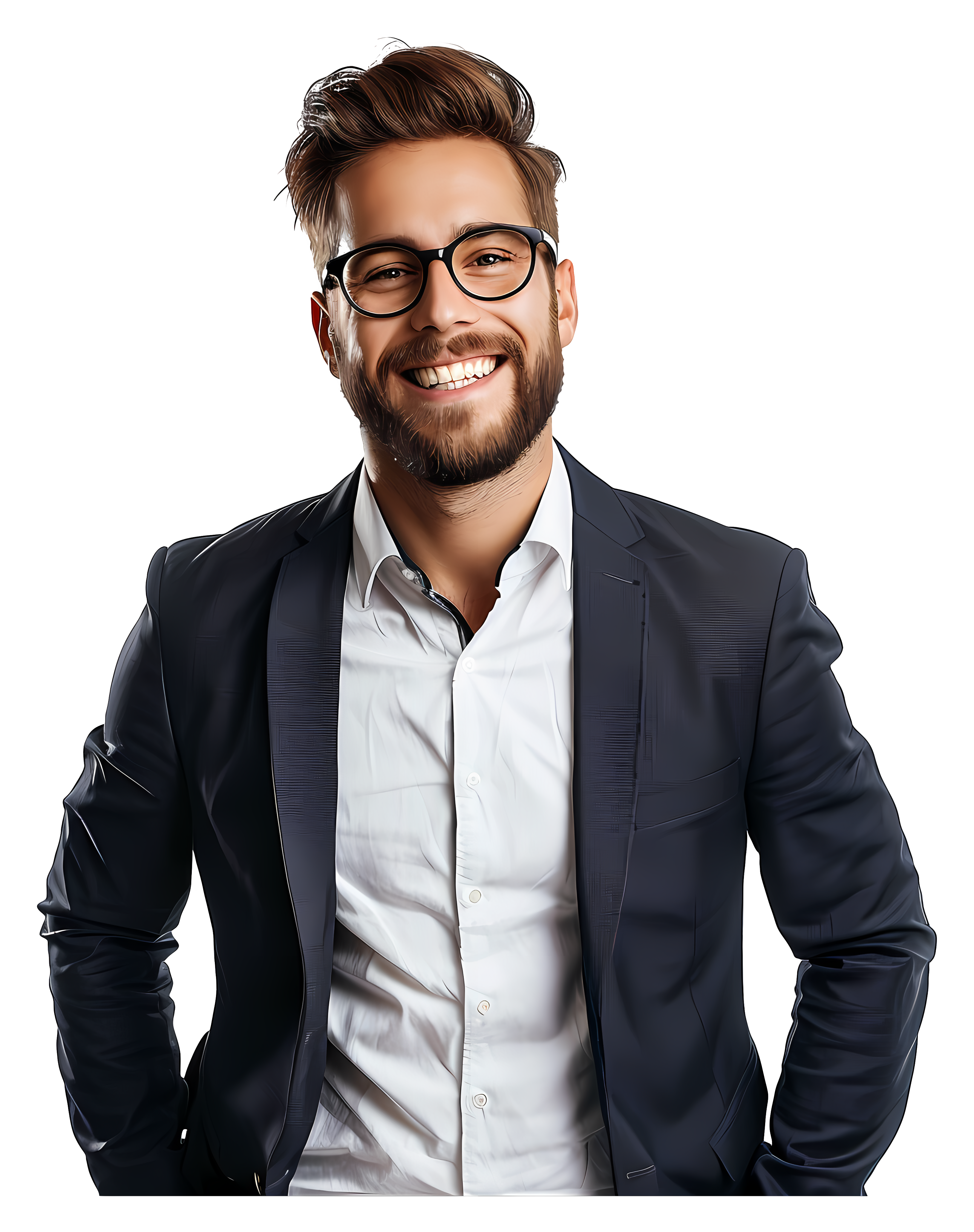 Happy young businessman with a beard and black glasses wearing a dark suit and white shirt