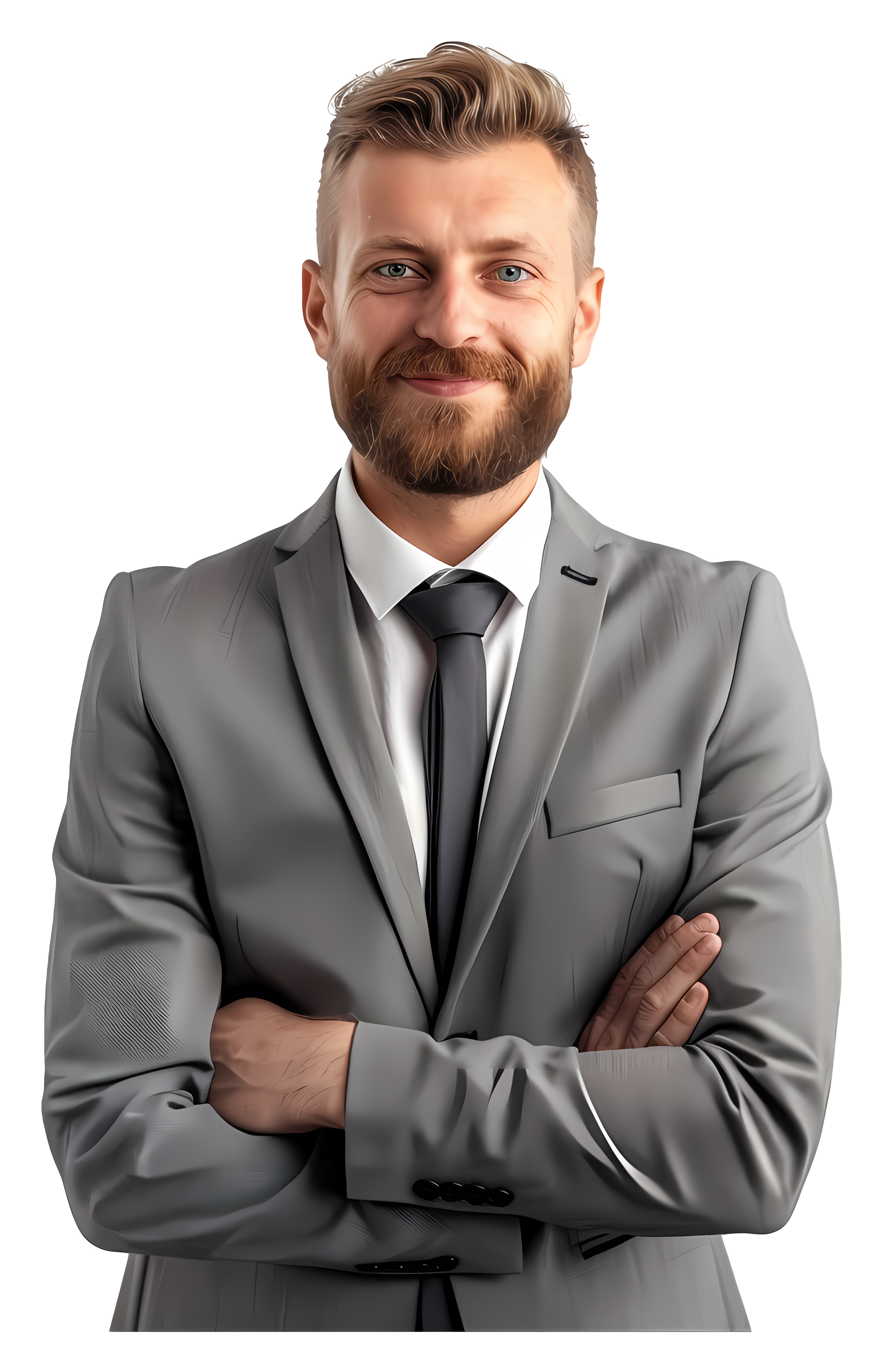 Confident young businessman with a beard and glasses wearing a light grey suit and white shirt with arms crossed