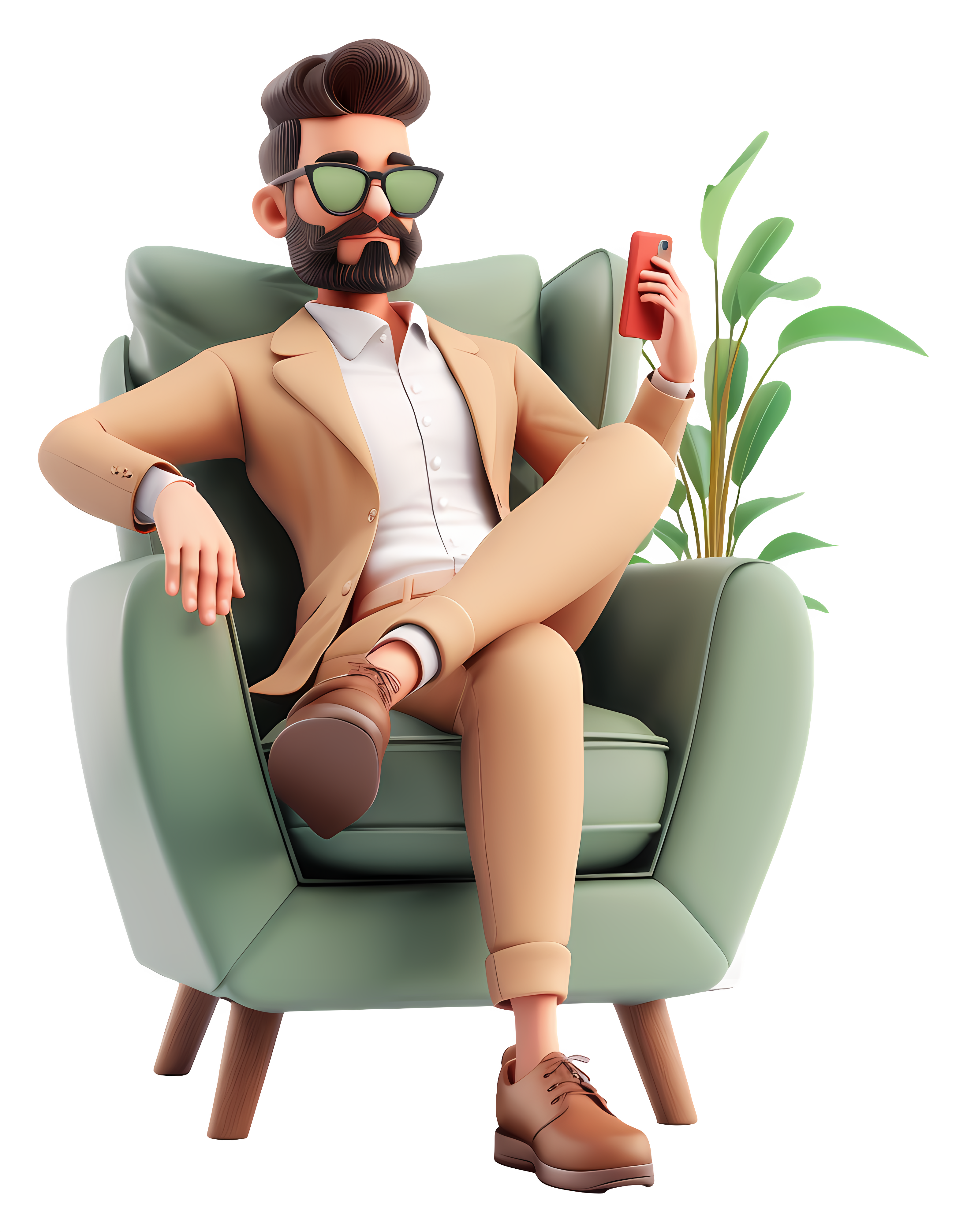 A cool 3D male avatar with sunglasses, beard, and a beige suit sitting in an armchair while holding a red smartphone