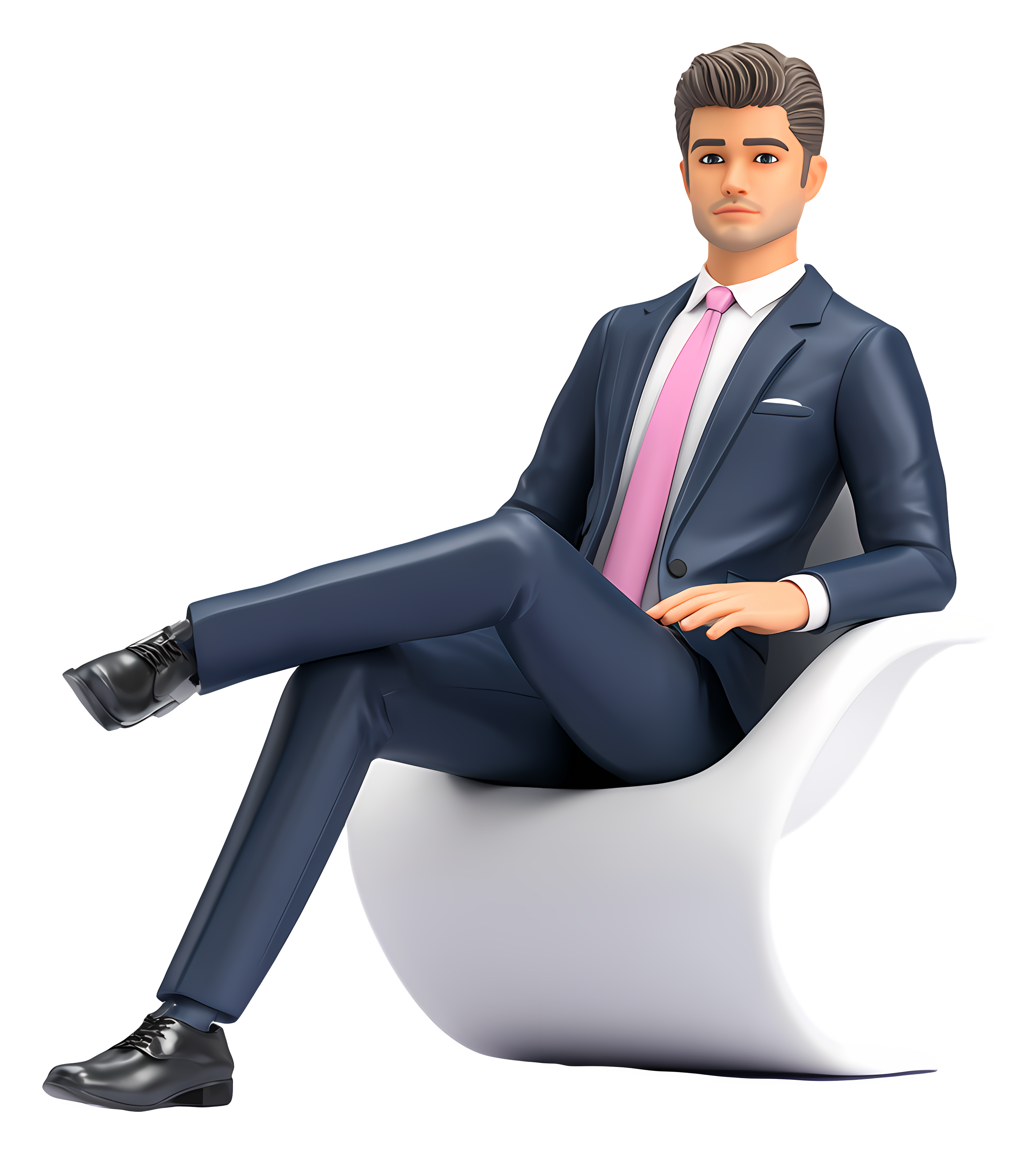 A stylish 3D male businessman avatar in a dark blue suit and pink tie sitting in a white chair with legs crossed