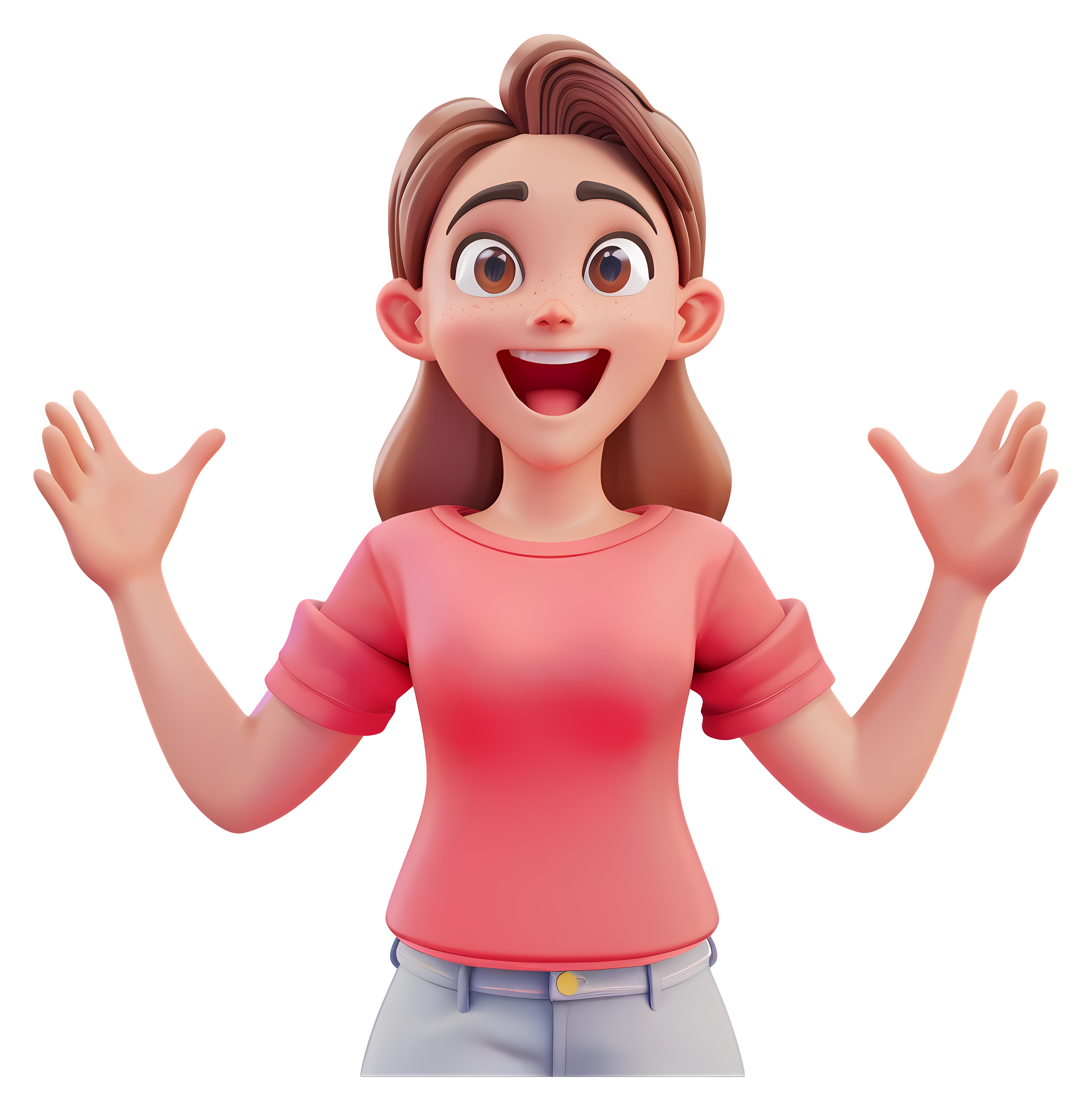 A happy cartoon girl with a wide smile and open arms wearing a pink t-shirt