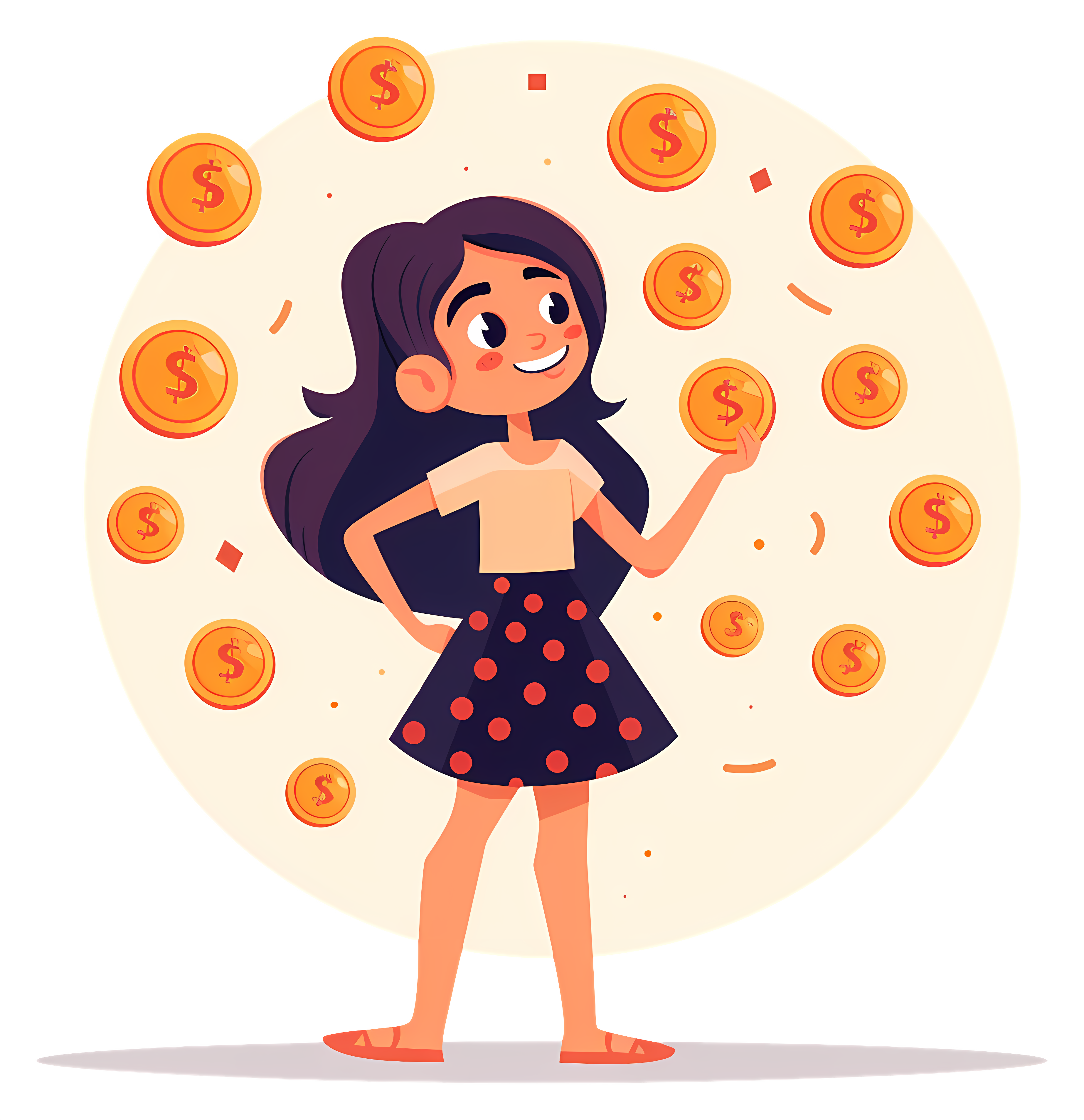 A happy cartoon girl smiling with gold coins raining down around her, representing earning money