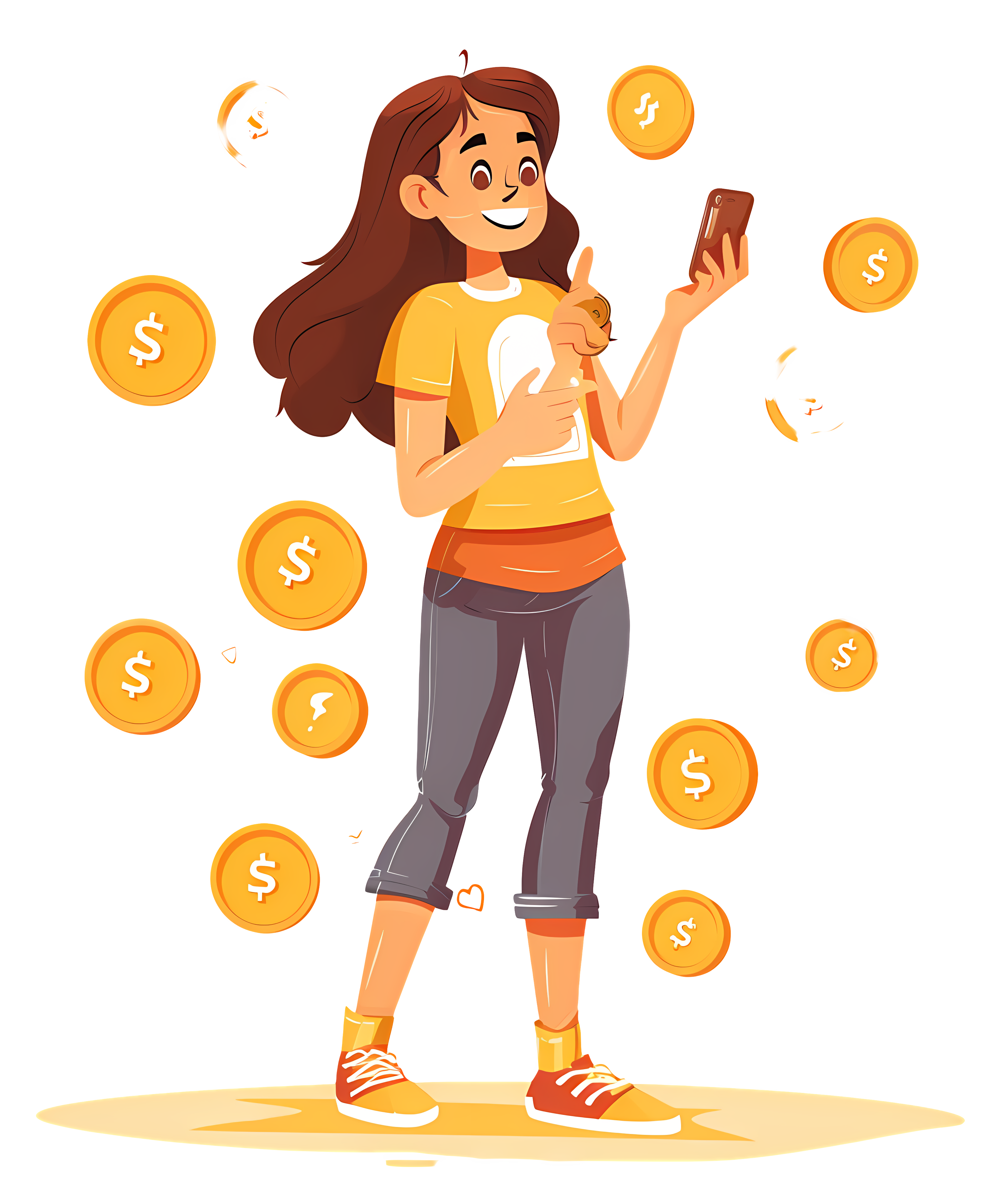 A happy cartoon girl smiling with gold coins floating around her while looking at a smartphone, representing earning money online