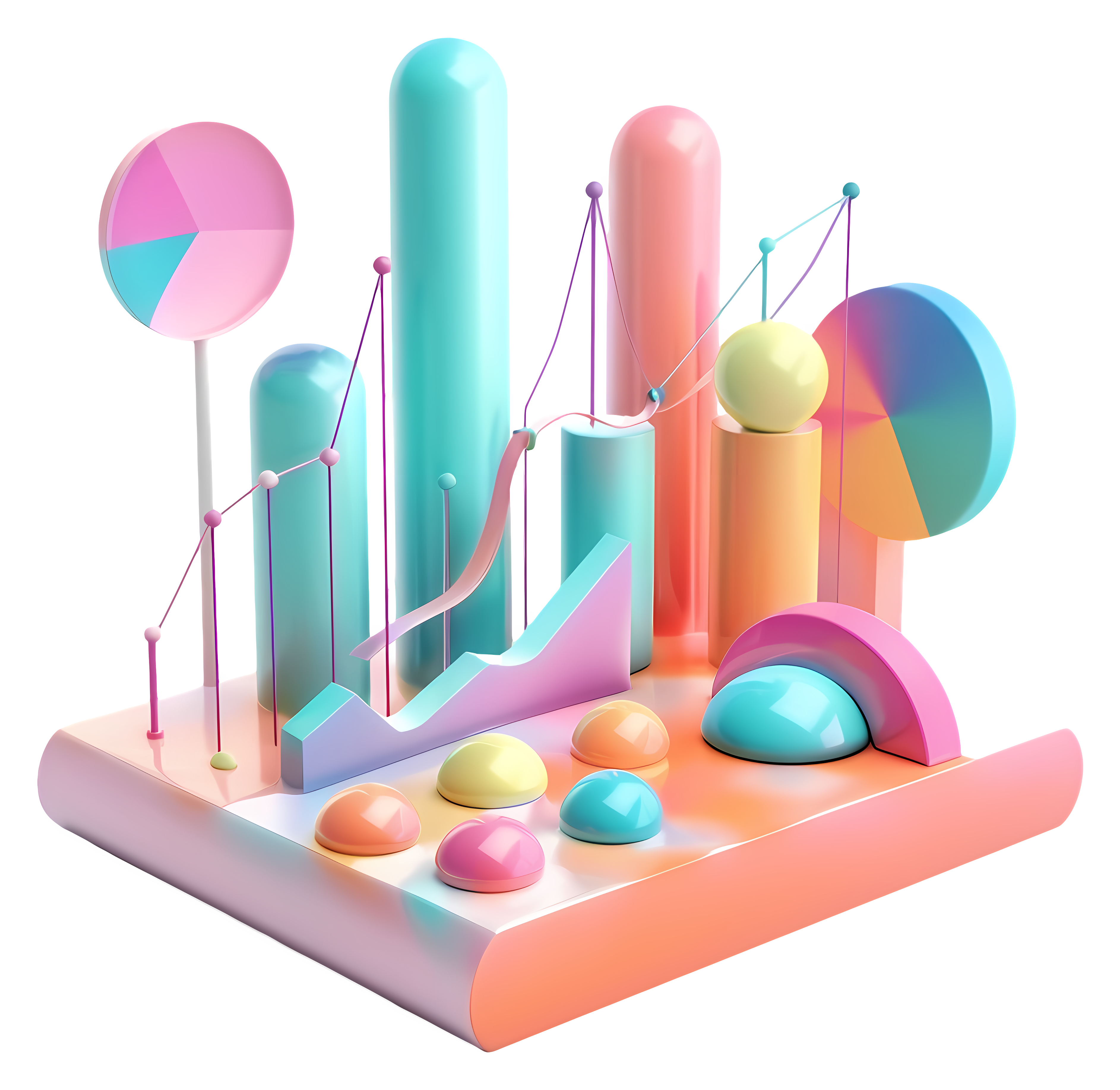 A 3D pastel data visualization infographic featuring various bar charts, a line graph, and pie charts