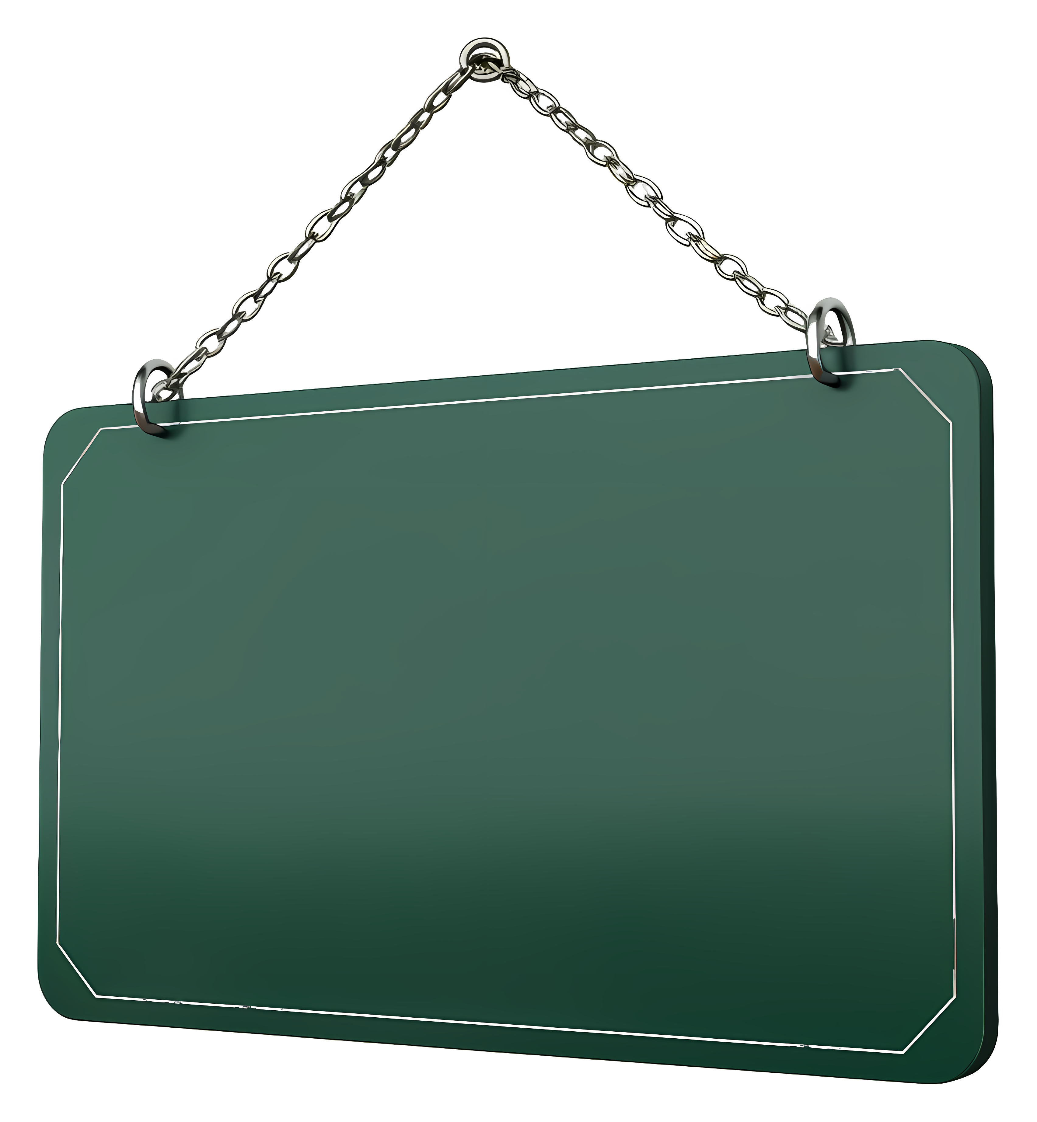 A blank dark green hanging signboard with a silver border suspended by two metal chains