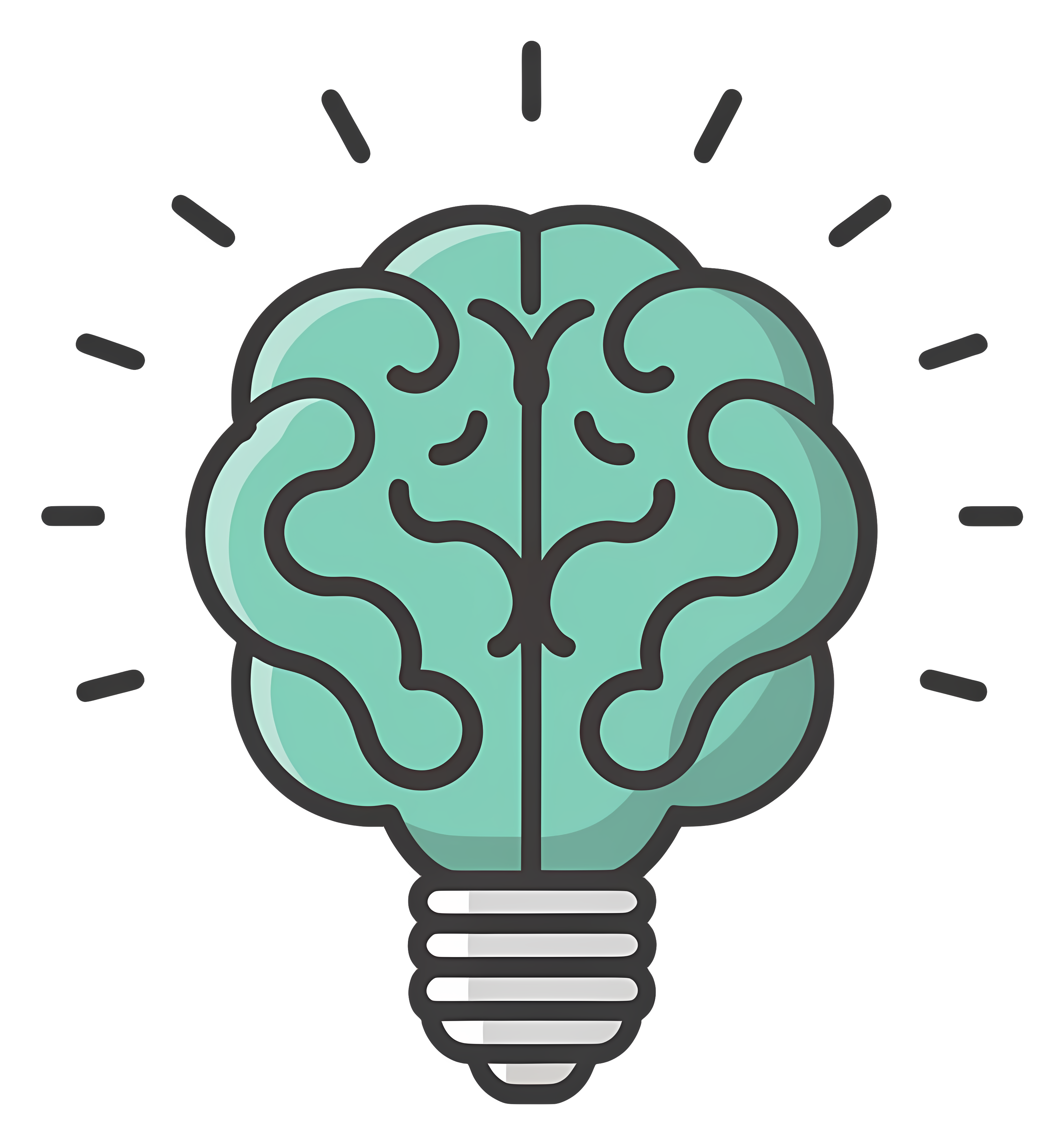 A mint green human brain inside a light bulb icon representing a creative idea