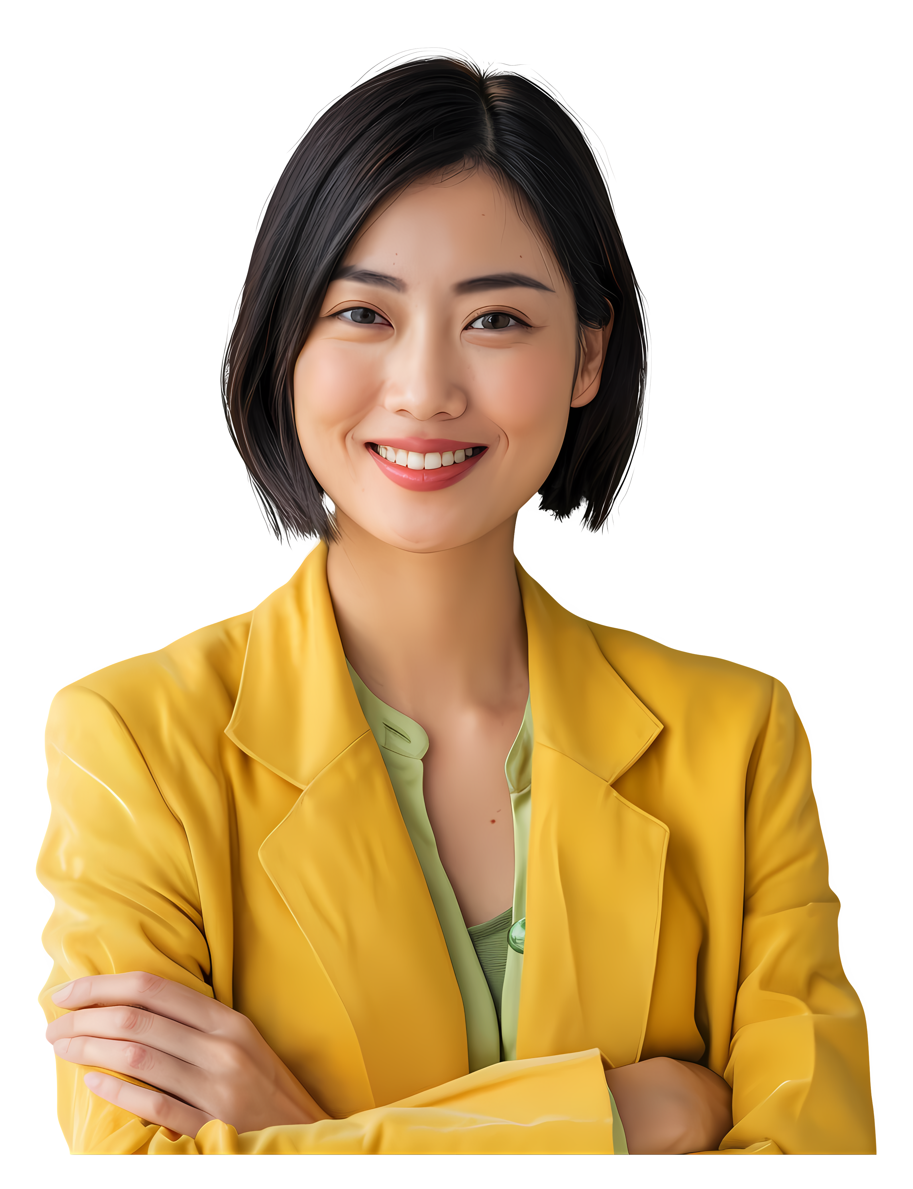 A happy and confident young Asian businesswoman with a bob haircut wearing a yellow blazer and light green top with her arms crossed.