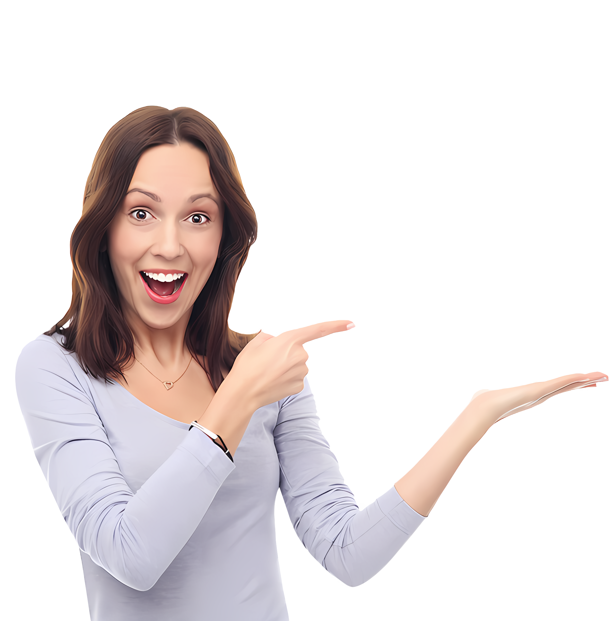 An excited young woman with brown hair pointing to an empty space with her right index finger while presenting with an open left palm
