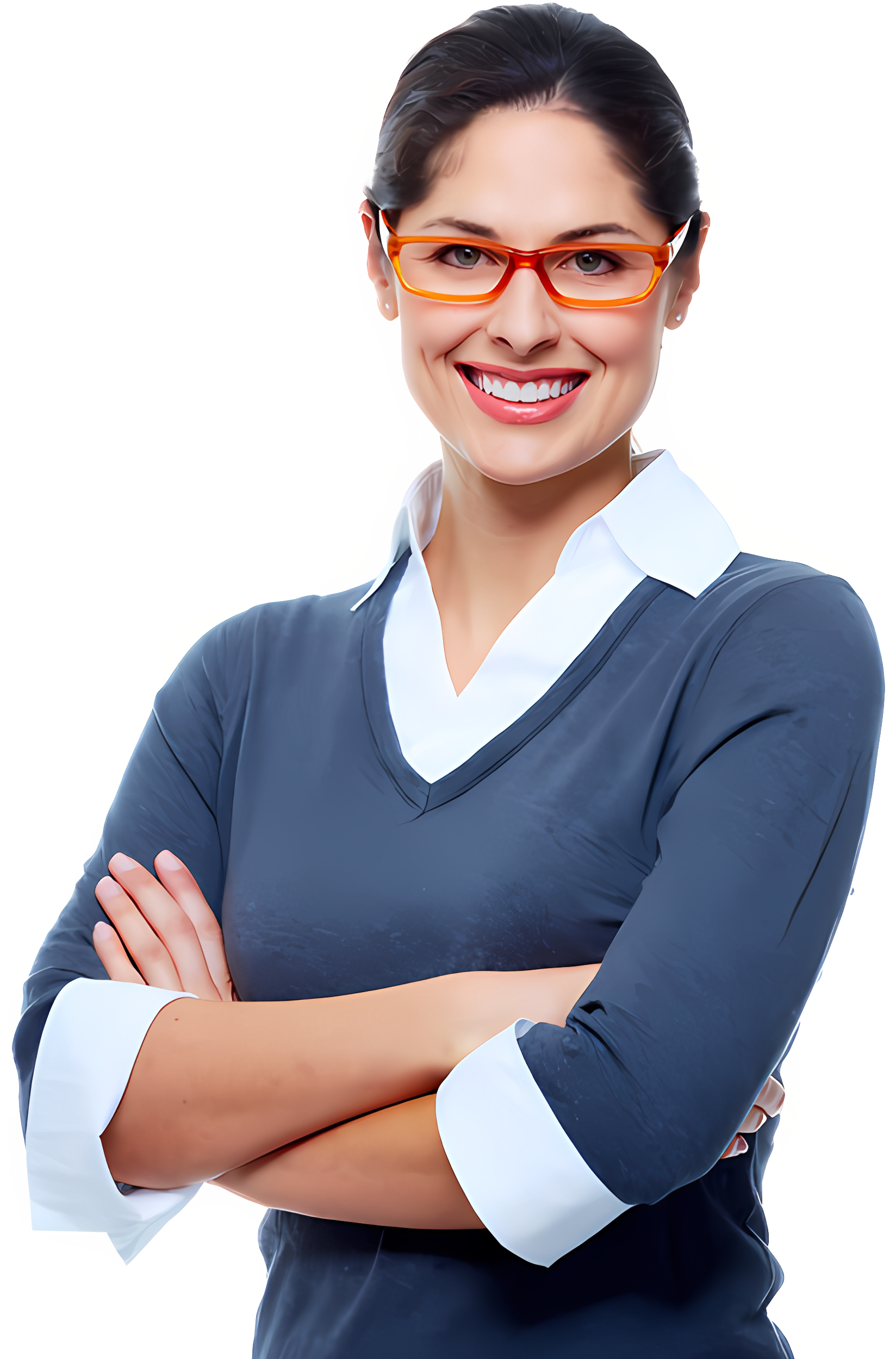 A confident young businesswoman with a warm smile, orange-framed glasses, and a grey sweater over a white shirt with her arms crossed