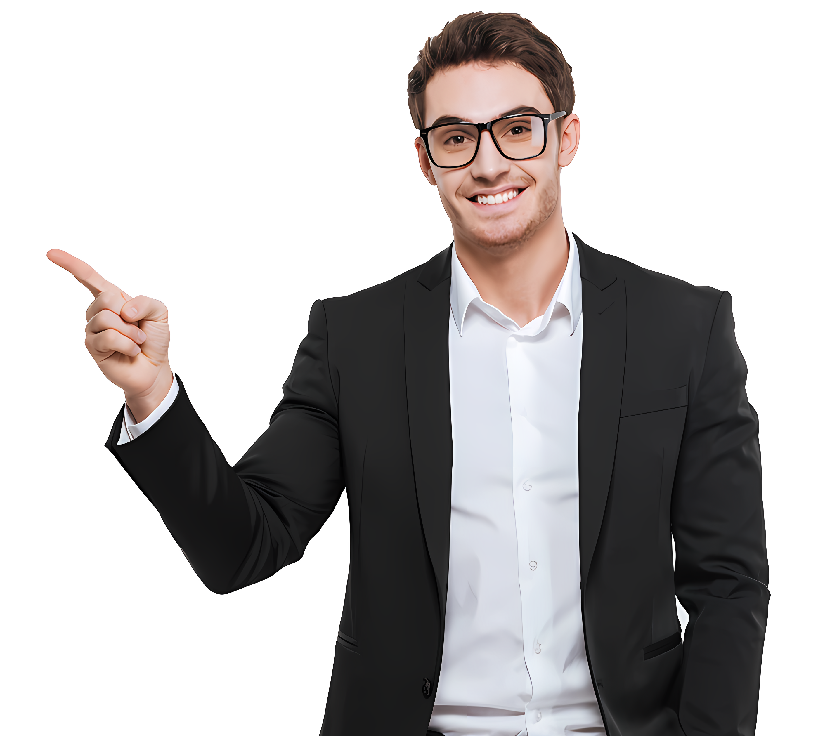 A happy young businessman with a beard and black glasses wearing a black suit and white shirt, pointing his index finger to the left