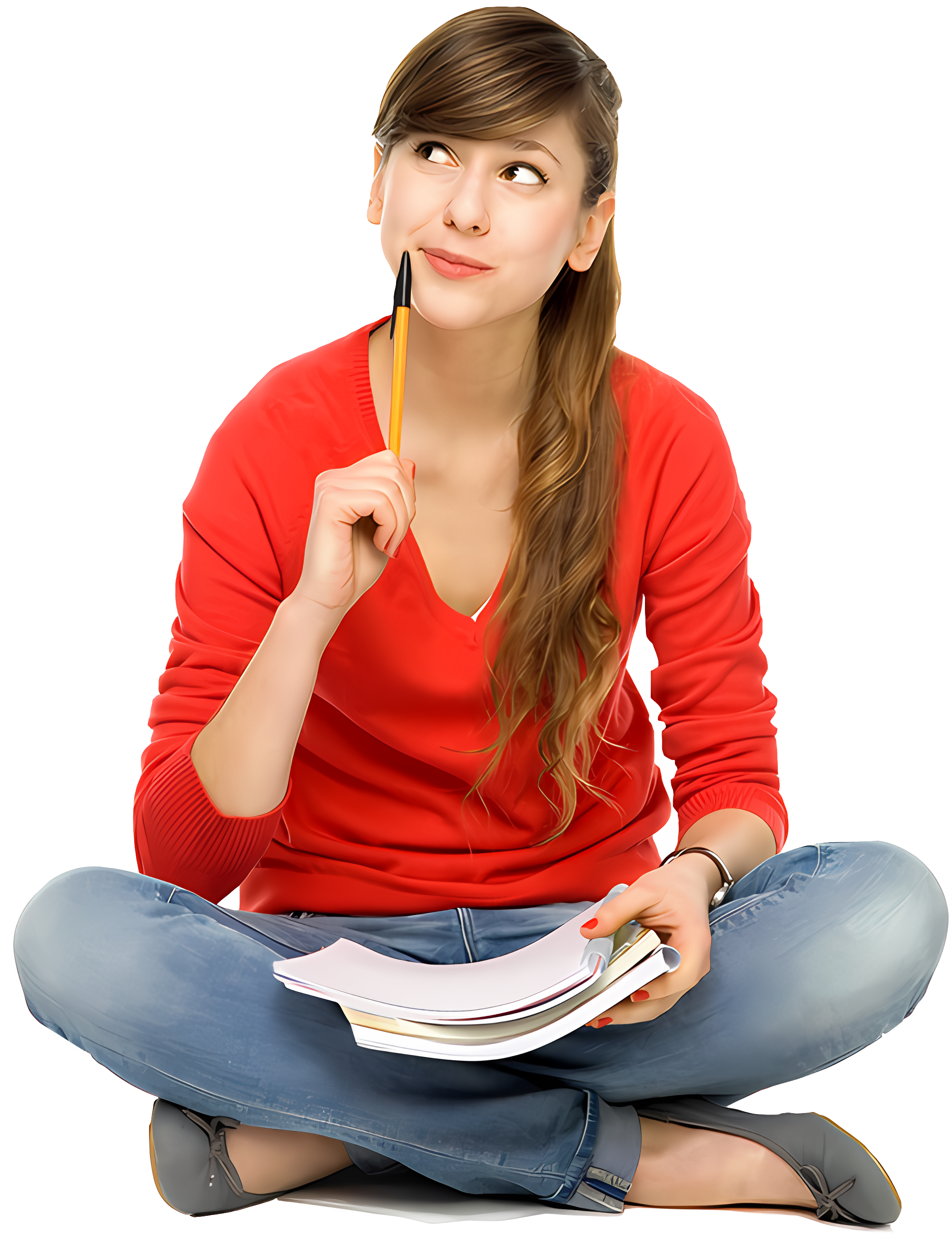 A thoughtful young woman student with a notebook and pencil sitting cross-legged wearing a red sweater and blue jeans