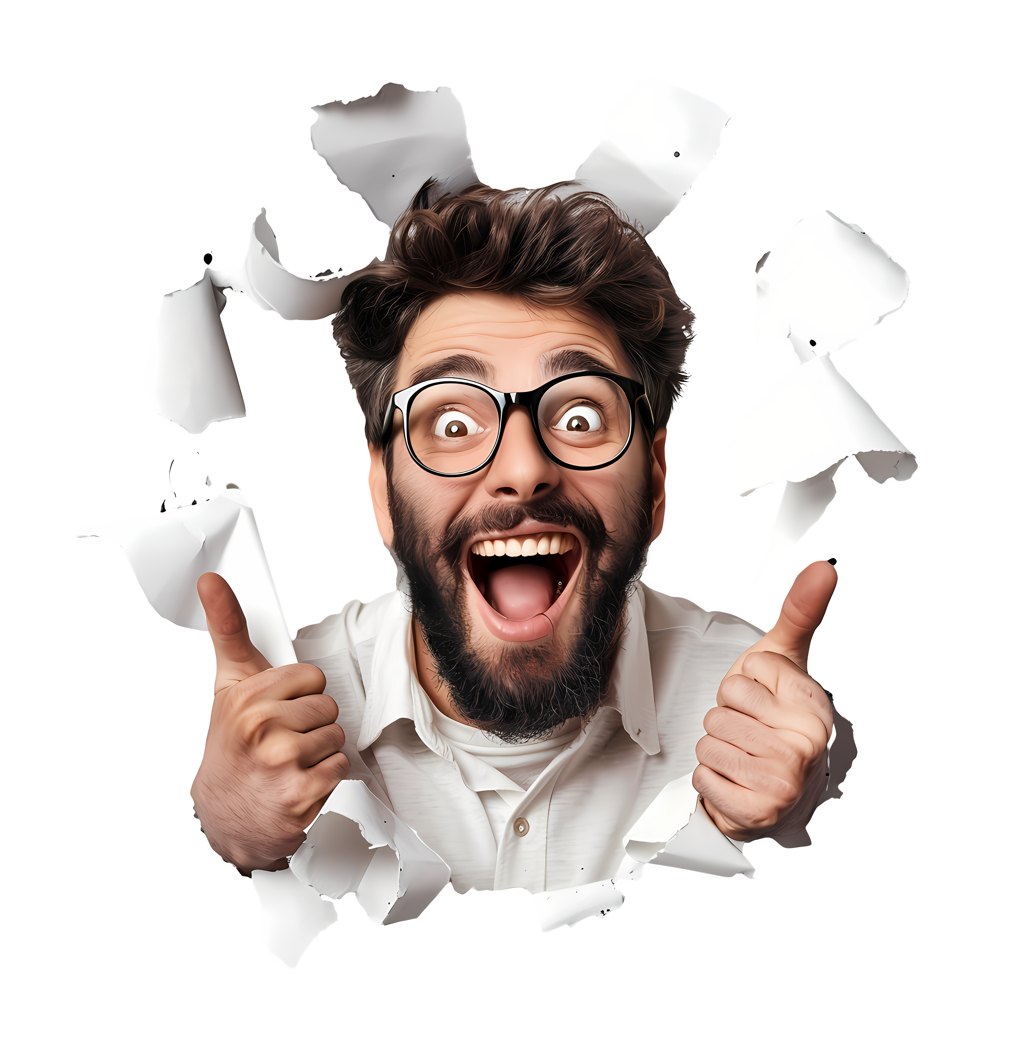 An excited man with a beard and glasses bursting through a paper background and giving two thumbs up