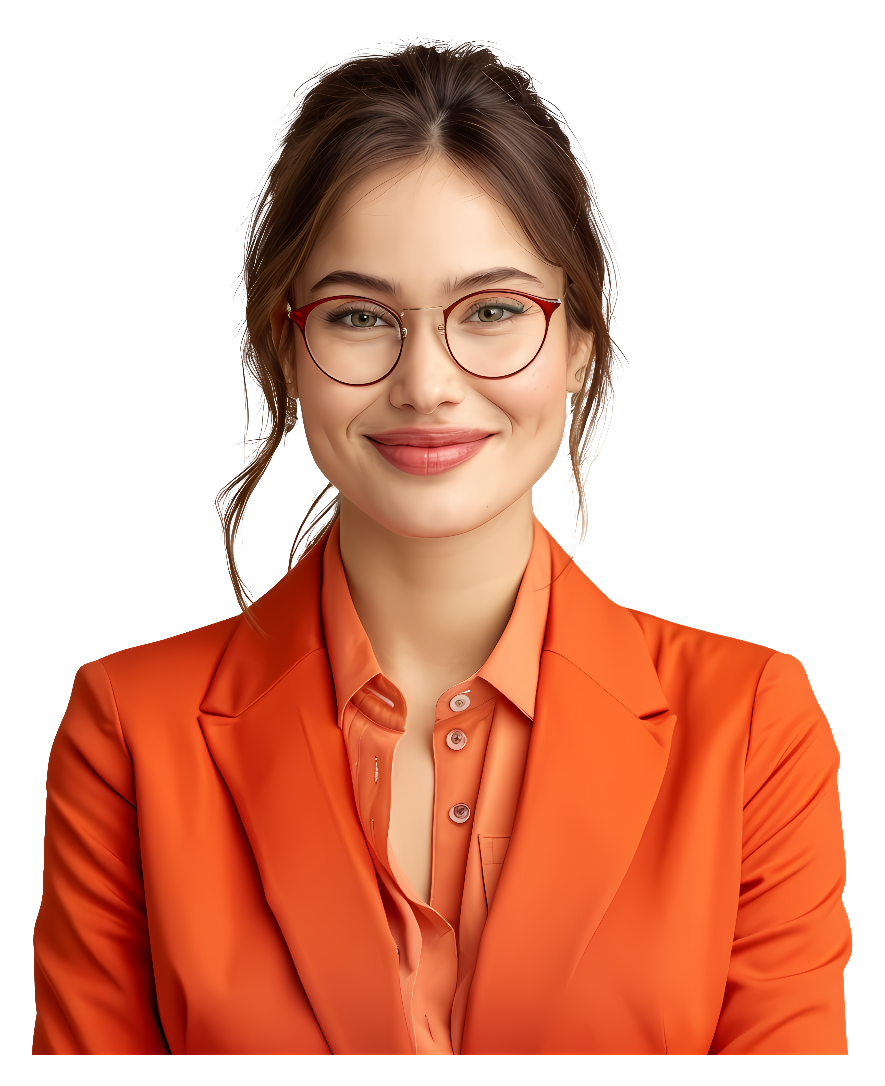 Professional woman in orange blazer and red glasses smiling