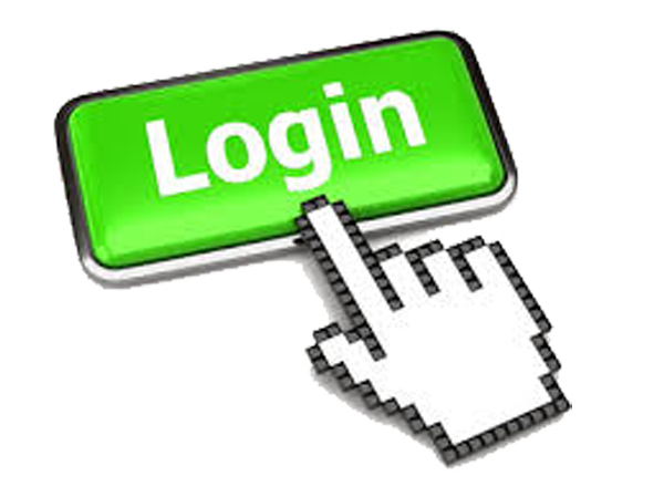 Glossy green 3D login button being clicked by a pixelated hand cursor