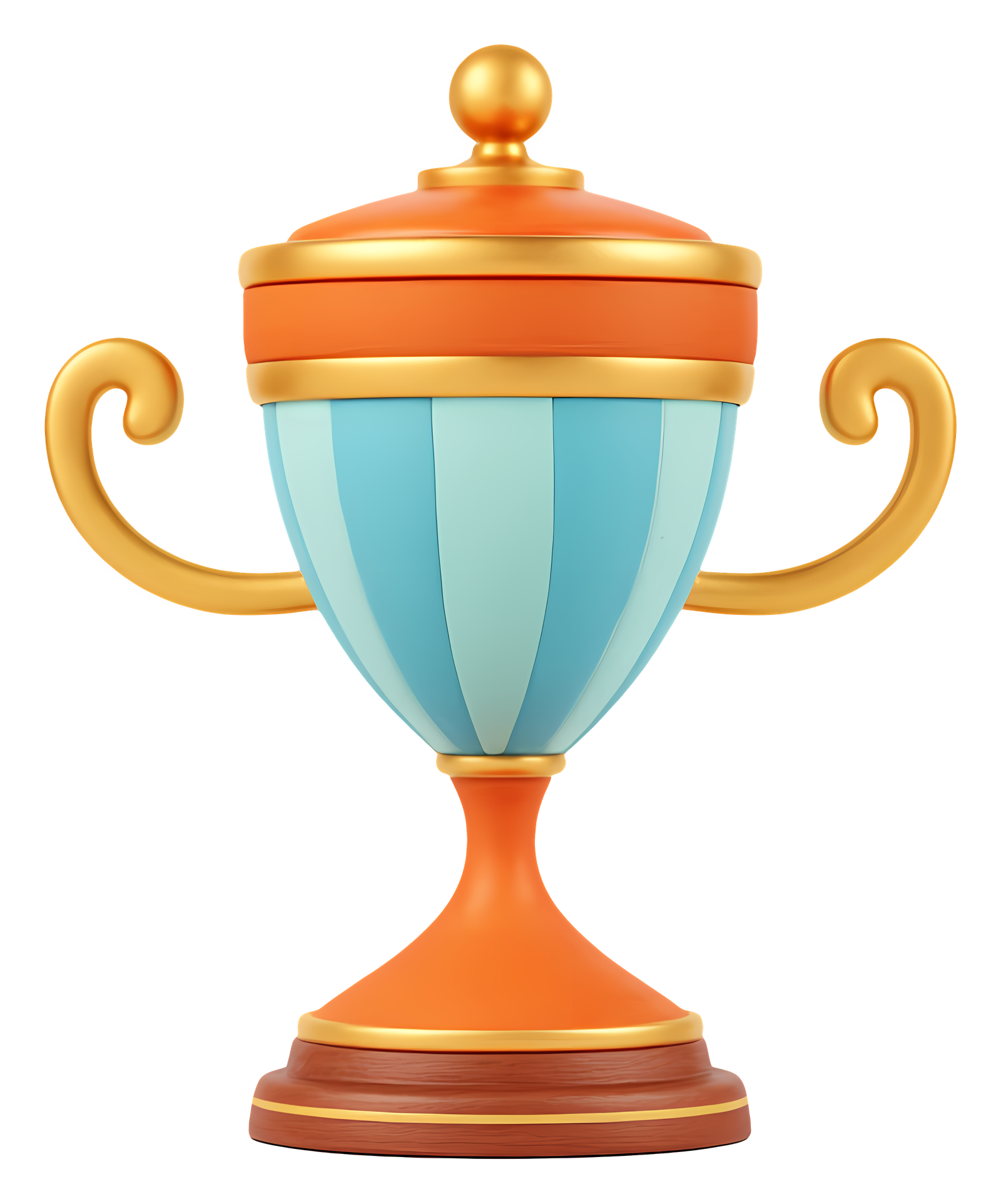 3D stylized trophy cup with blue stripes and orange lid isolated on white background