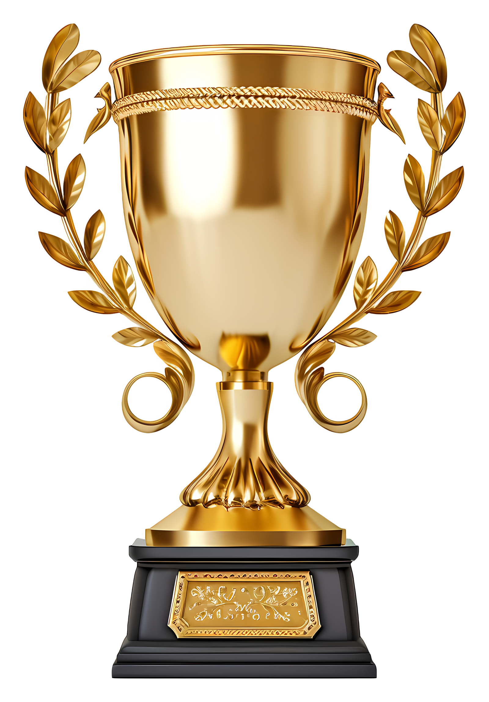 Polished golden championship trophy cup with side laurel wreaths on a black base