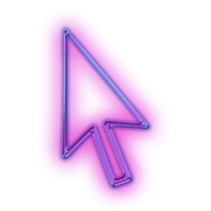 A purple and pink glowing neon outline of a computer mouse cursor pointing diagonally up and to the left.