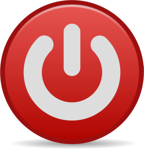 A red, round, glossy button with the universal white power symbol (line over a circle) in the center.