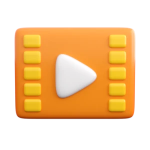 A 3D rendered, glossy orange rectangular icon with yellow squares along the sides like film perforations, and a white play button triangle in the center.