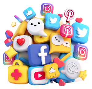 A colorful, clustered assortment of 3D social media logos and icons, including a blue Facebook 'f', an Instagram camera, a Twitter bird, a Snapchat ghost, and a YouTube play button.