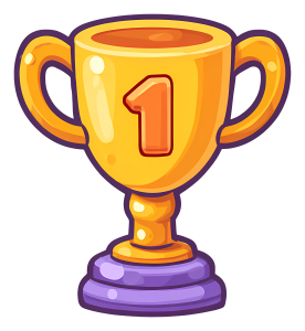 A cartoon illustration of a glossy golden trophy cup with handles and the number one outlined in orange on the front, resting on a two-tiered purple base.