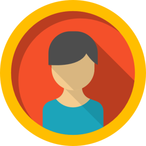 A flat design illustration of an anonymous person avatar with short dark hair and a blue shirt, inside a red circle with a thick yellow border.