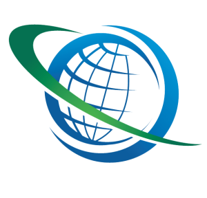 An abstract logo featuring a blue globe with longitude and latitude lines, orbited by a thick, sweeping green and blue gradient curve.