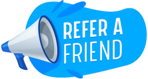 A 3D illustration of a white and blue megaphone pointing towards a blue, irregular shape containing the bold white text "REFER A FRIEND".