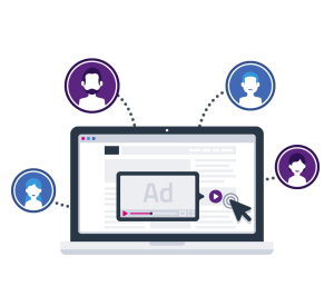 A graphic illustration showing a laptop displaying a video player with an "Ad" playing. Several user profile avatars around the laptop are connected by dashed lines to the screen, illustrating the con