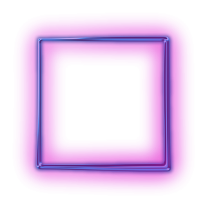 A 3D rendered, glossy, transparent, square-shaped frame with a purple and pink glowing gradient outline.