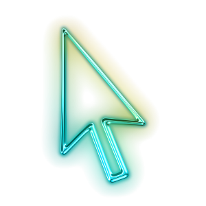 A 3D rendered, glossy, transparent, glowing neon outline of a computer mouse cursor pointing diagonally up and to the left.