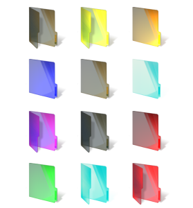 A grid of twelve glossy, semi-transparent 3D computer file folder icons in different colors including gray, yellow, orange, blue, cyan, magenta, red, and green, arranged on a white background