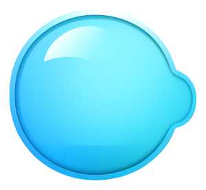 A 3D rendered, glossy, light blue circular icon or button with a bright white reflection and a small, rounded tab on the right side.
